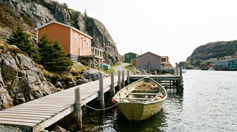 Fishing boat moored at a dock in a Newfoundland coastal village, illustrating a provincial PNP scene