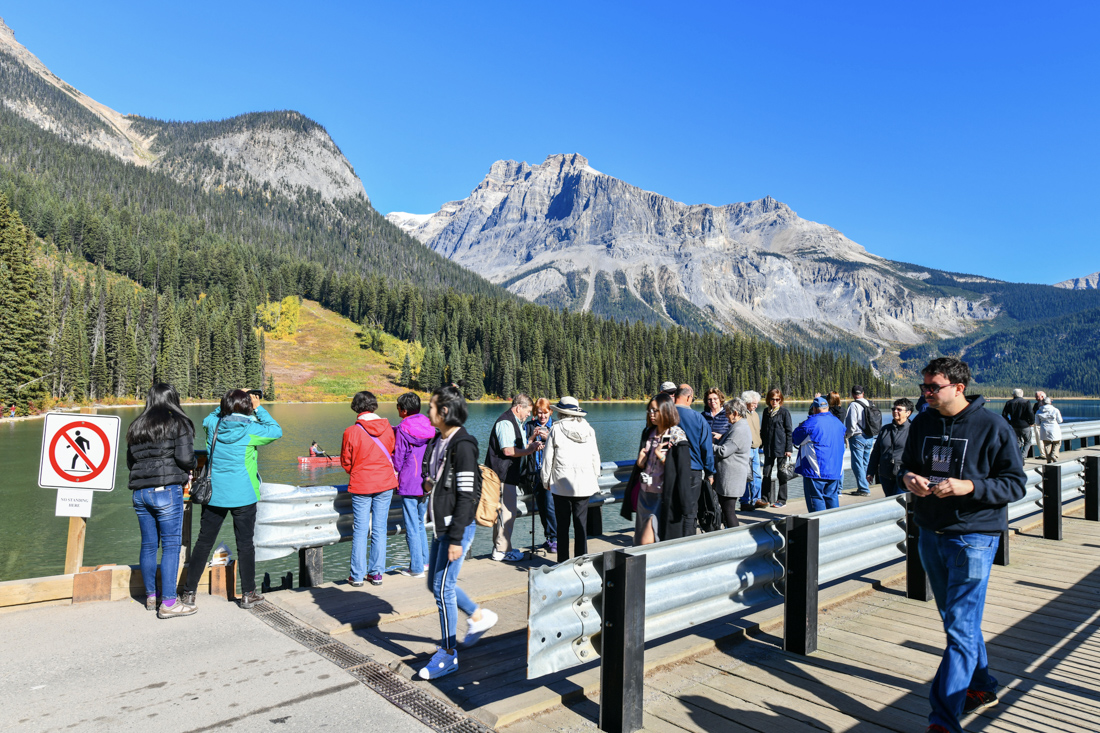 Banff street with mountain backdrop, Canada.