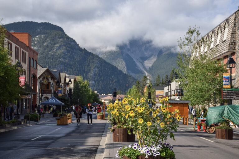 Banff street with mountain backdrop, Canada.