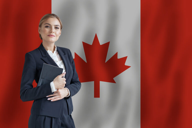 Professional with folder, Canada flag.