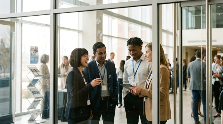Attendees wearing badges speak in a lobby at a Canadian work permit information event