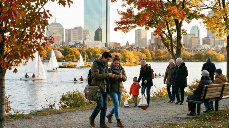 People walk along a waterfront park with autumn trees and skyline, illustrating Canadian citizenship news