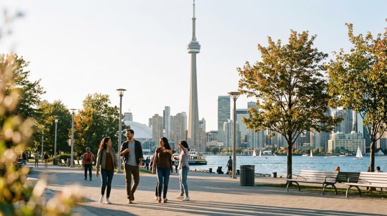 People walk along Toronto waterfront promenade with the CN Tower skyline, reflecting Ontario PNP news