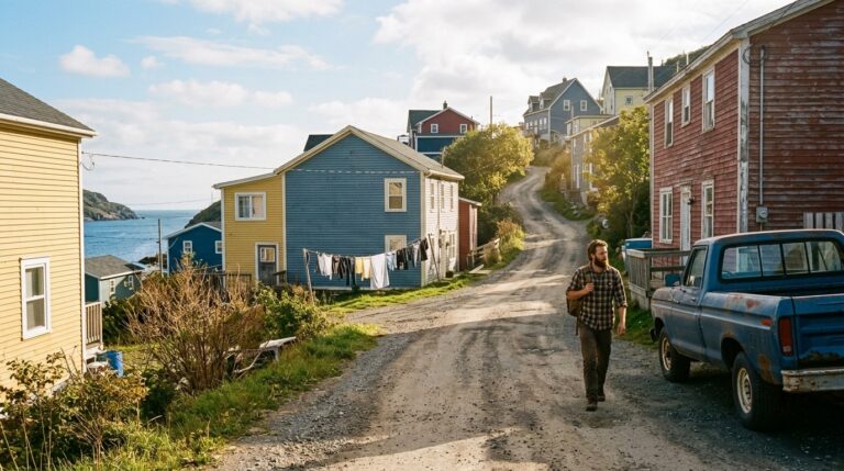 Man walks along a rural Newfoundland road lined with houses, illustrating temporary foreign worker news