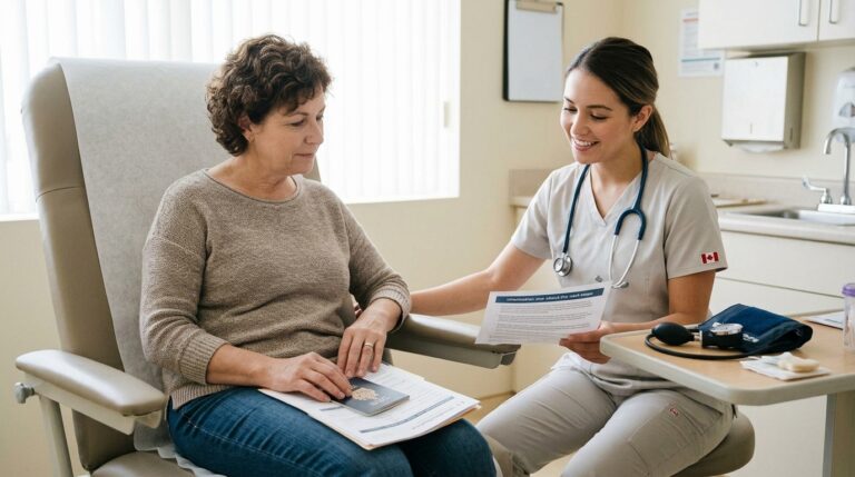 Woman holds a passport and forms while speaking with a nurse in a clinic about Canadian citizenship