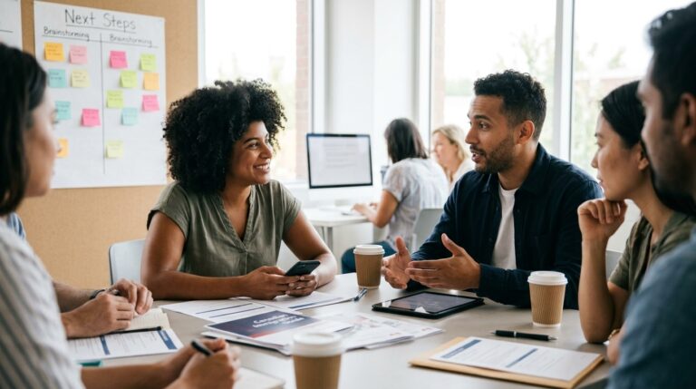 Temporary residents meet around a table with forms and coffee during an IRCC-style office discussion