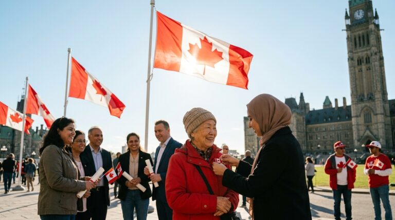 New Canadian citizen receives a pin as people hold certificates near Parliament Hill and Canadian flags
