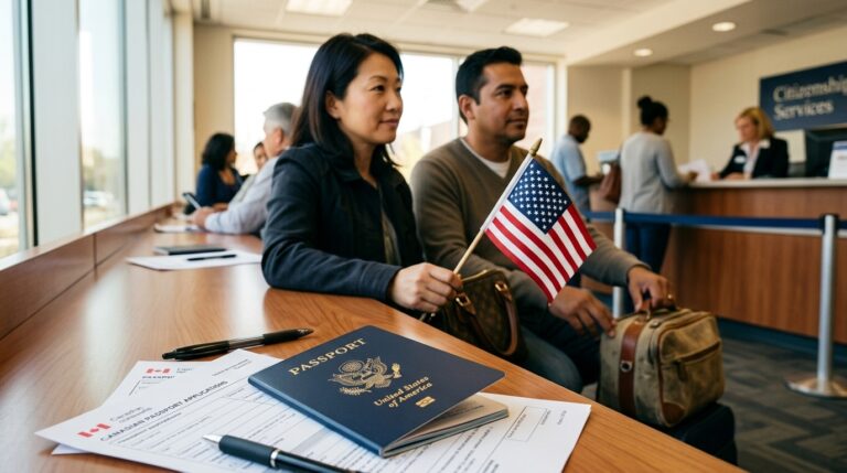 Applicants wait at a citizenship services desk with a US passport and Canadian passport form in view