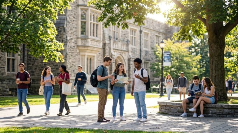 Students gather on an Ontario university campus, including international study permit holders outdoors