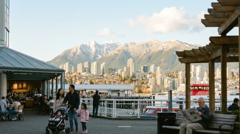 People walk along Vancouver waterfront with mountains and skyline, illustrating BC PNP immigration news