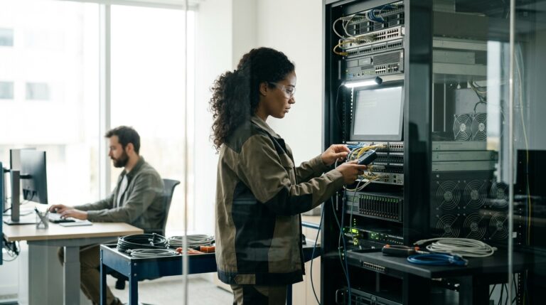 AI worker adjusts server cables in a data centre as Canada fast-track work permit plans target tech talent