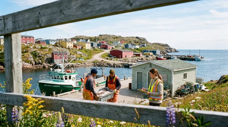 Fishers unload catch at a Saint-Pierre harbour as a temporary resident official checks notes nearby