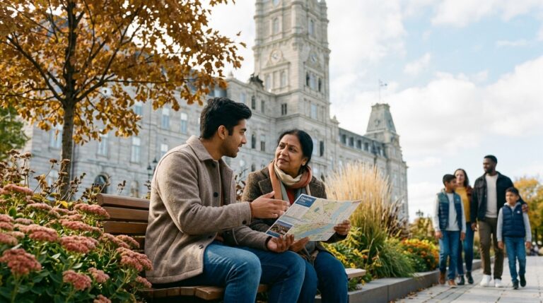 Family sits near Quebec government building as one person holds a map, illustrating a work permit news scene