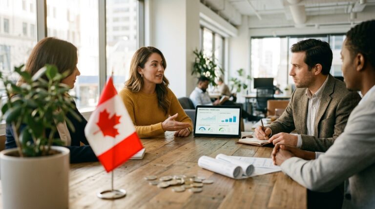 People meet around a table with a Canadian flag and paperwork during a citizenship discussion in an office