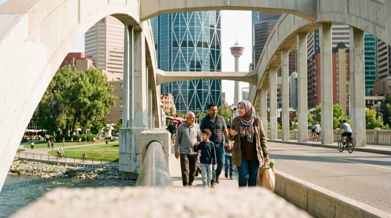 Family walks across a Calgary bridge with downtown skyline, illustrating Alberta PNP immigration news