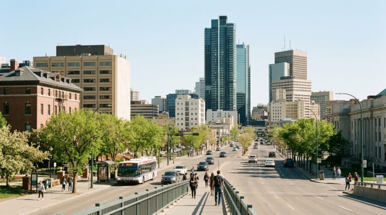 Downtown Winnipeg street scene with pedestrians, traffic and buses during a Manitoba PNP news illustration