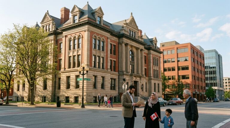 Family with Canadian flags reviews citizenship papers outside a government building in Canada