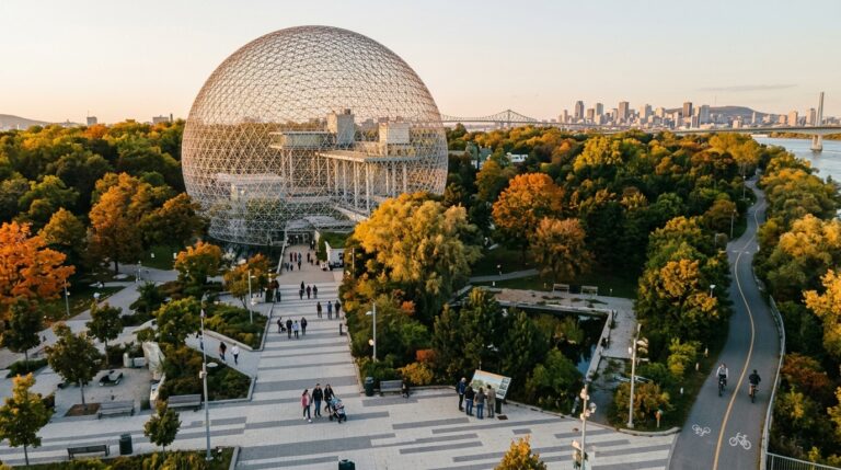 People walk near Montreal's Biosphere and park paths, illustrating Quebec immigration news