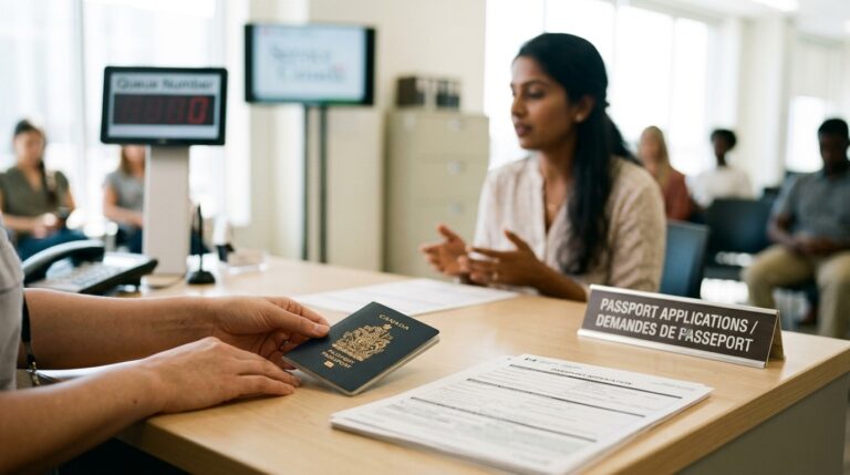 Applicant hands over a Canadian passport at a citizenship counter with forms on the desk