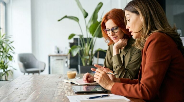 Two women review LMIA paperwork at a table with a tablet and notes in an office setting