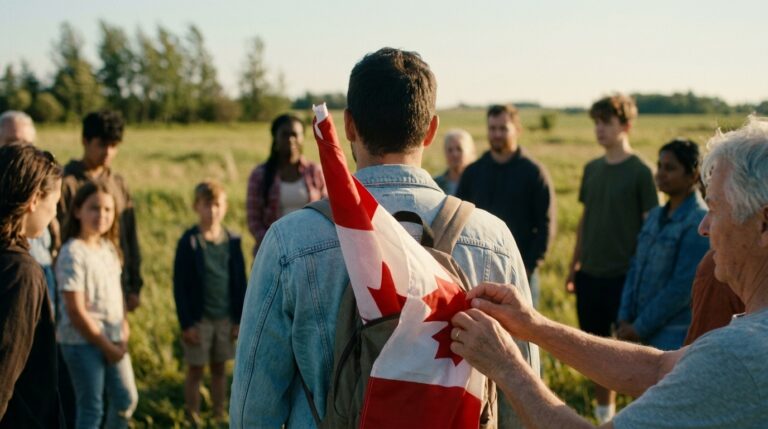 Group gathers outdoors as a Canadian flag is pinned to a backpack in a citizenship-themed scene