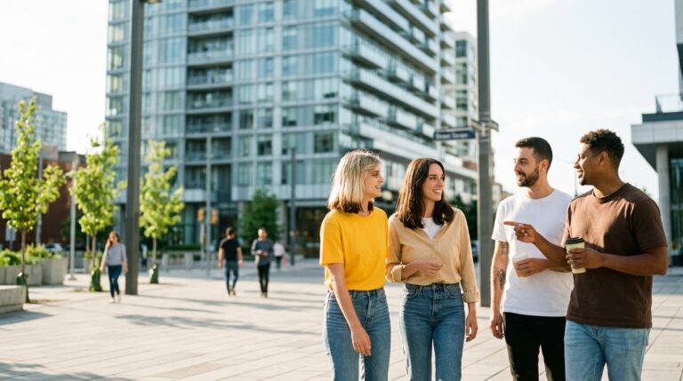 Four newcomers walk and talk outside downtown high-rise buildings as IRCC processing times decline