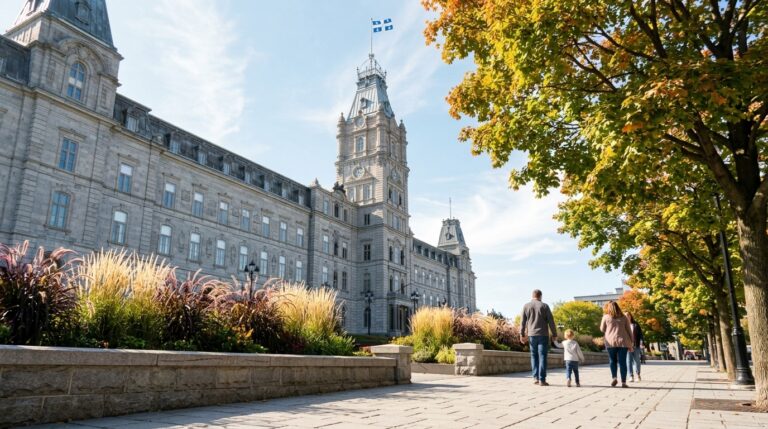 Family walks past Quebec government building beneath Quebec flag during Quebec immigration news