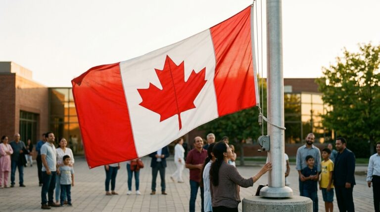 Family gathers as a woman raises the Canadian flag outside a civic building amid citizenship news