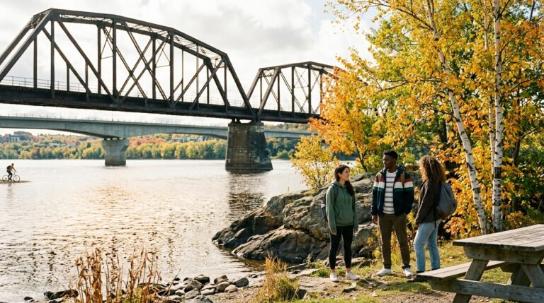 Three newcomers stand by a river under a railway bridge in Atlantic Canada during autumn immigration news