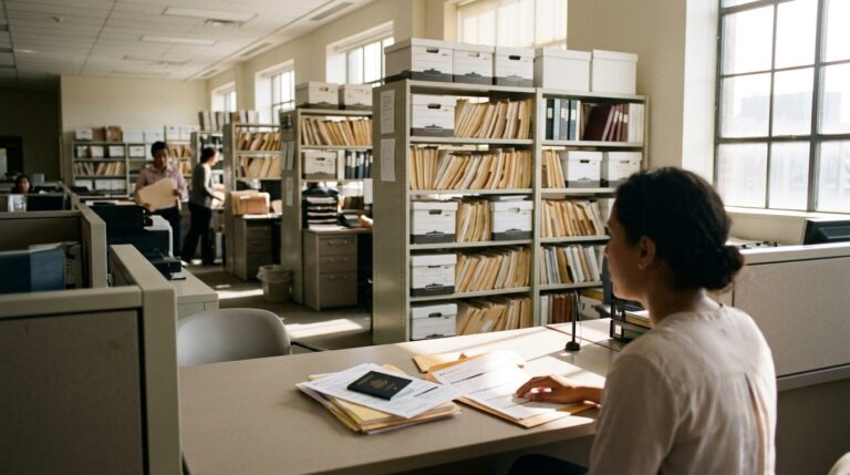 Worker reviews citizenship files and passport in a Canadian records office lined with shelves of documents