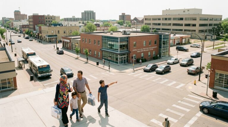 Family carrying bags crosses a Winnipeg street near a newcomer centre amid Manitoba PNP news