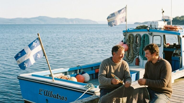 Two men mend fishing nets beside a boat flying the Quebec flag, illustrating Quebec citizenship by descent