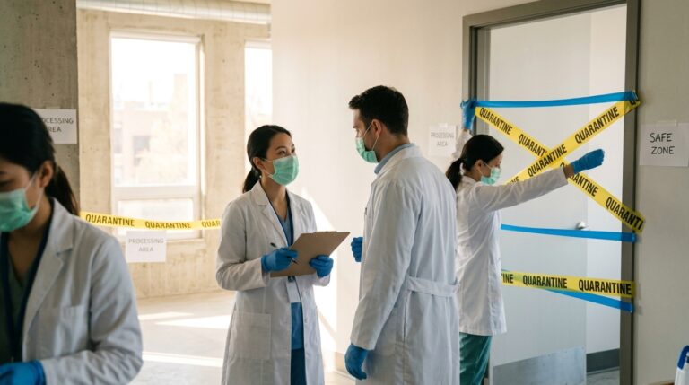 Masked medical staff stand in an IRCC processing area sealed with quarantine tape and safe zone signs