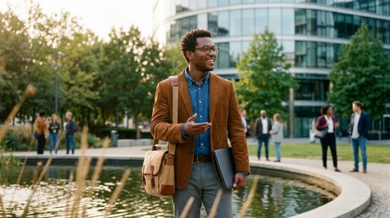 Man carrying a laptop bag walks past an office building, illustrating a high-wage Express Entry candidate