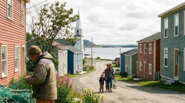 Residents walk along a coastal Newfoundland street lined with colourful homes in a PNP news illustration
