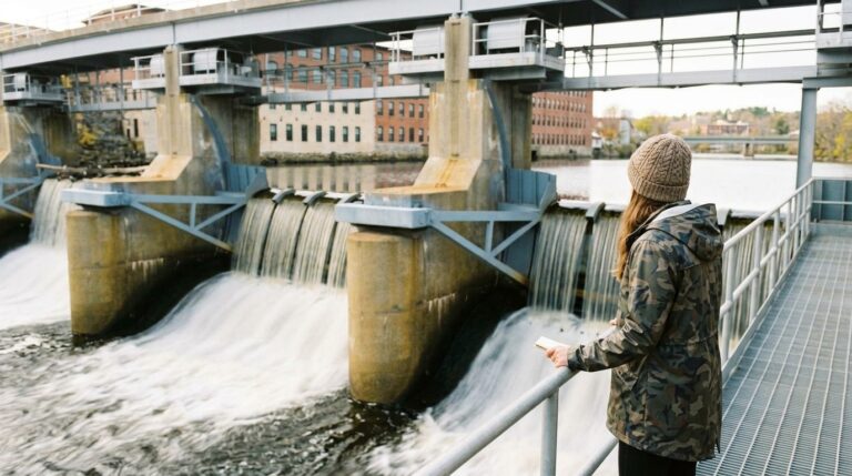 Woman holding papers overlooks a river dam, illustrating a Canadian citizenship news scene