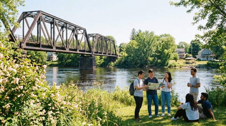 Group by a river and railway bridge review a map in a scene illustrating Canadian citizenship news