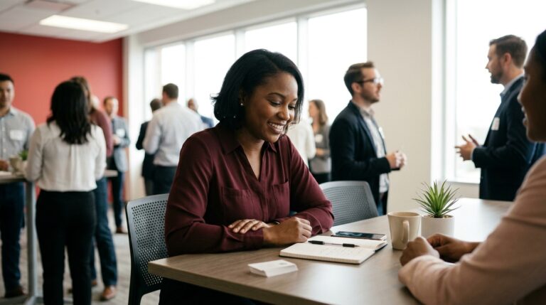 PNP applicant meets with an adviser at a table while people network in a Canadian office lounge