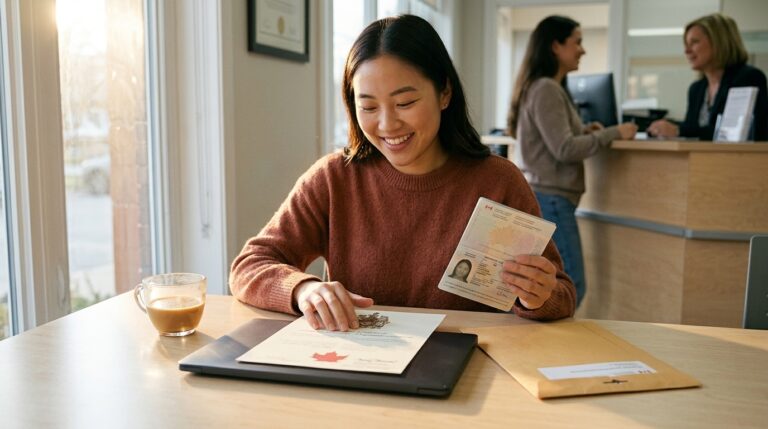 Woman holds a Canadian passport and citizenship paper while seated in an IRCC-style office reception area