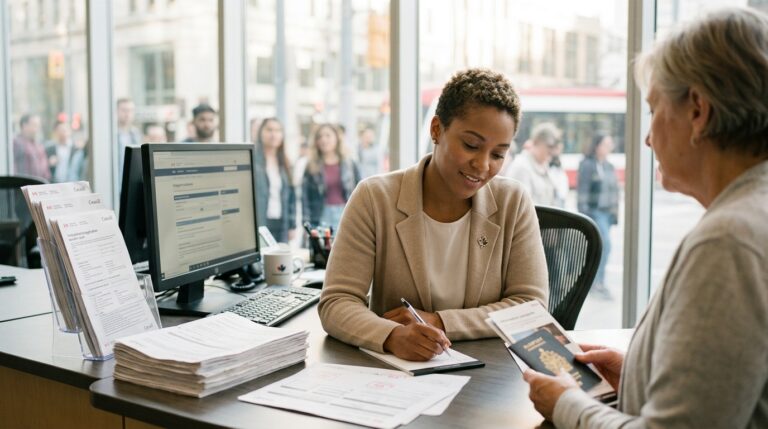Applicant hands over passport at an IRCC service desk while staff member reviews work permit paperwork