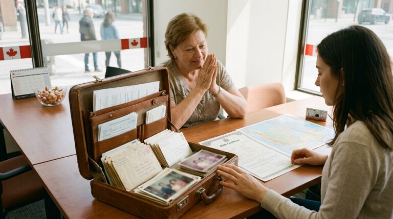 Woman reviews birth certificate and family papers during an IRCC citizenship meeting in a Canadian office