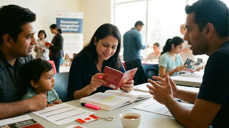 Family reviews Canadian citizenship papers with an adviser at a newcomer integration workshop