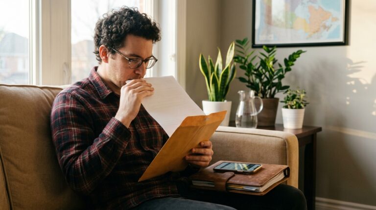 Temporary resident applicant reviews a letter from IRCC while seated at home with documents and phone