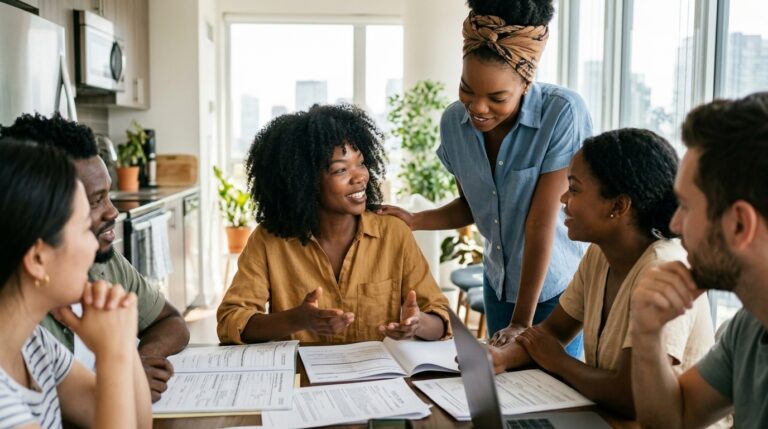 Family members review family sponsorship documents together at a kitchen table in a Toronto apartment