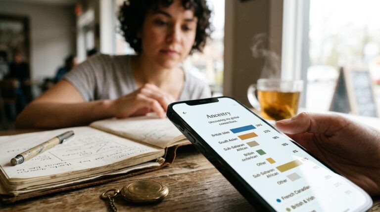 Person reviews ancestry results on a smartphone beside notes, illustrating Canadian citizenship by descent