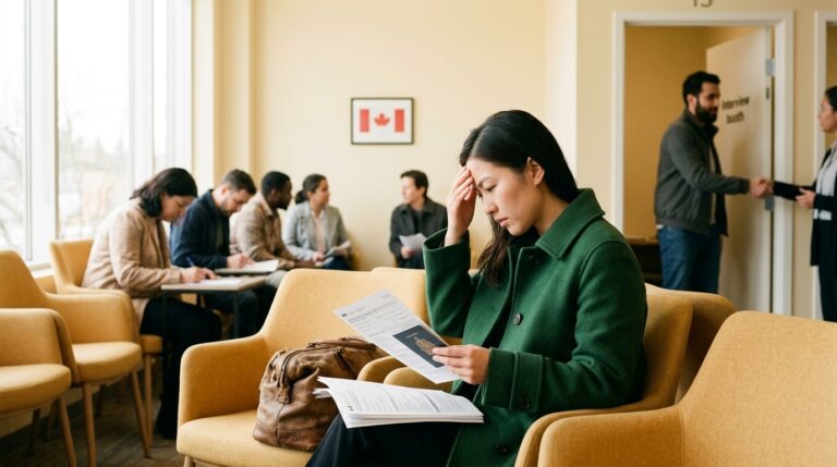 Citizenship applicant reviews documents in a waiting room as others meet staff at an IRCC office