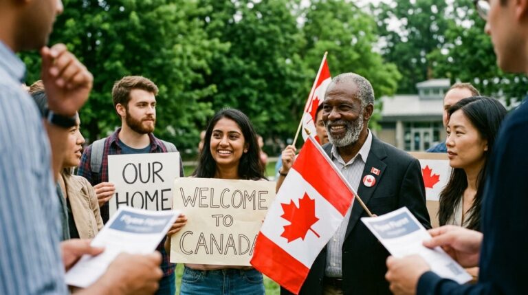 Group holds Canadian flags and welcome signs at a citizenship gathering as IRCC papers are reviewed outdoors