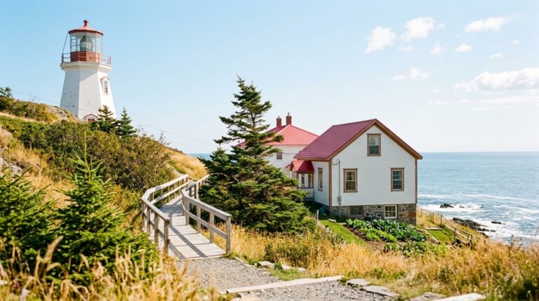 Lighthouse and coastal homes on a New Brunswick shoreline, illustrating a provincial PNP news scene