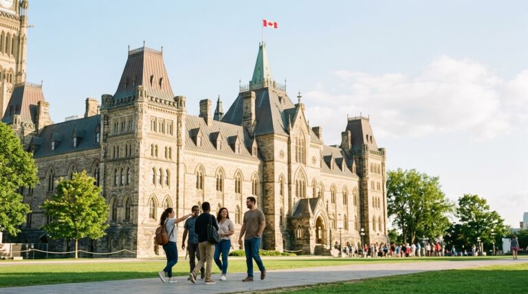 Visitors walk past Parliament Hill in Ottawa beneath a Canadian flag as work permit rules face review