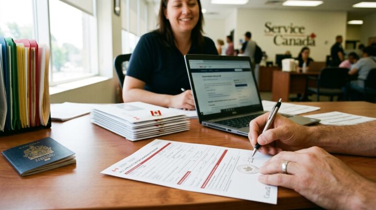 Applicant signs a Canadian citizenship form at a Service Canada office with passport and documents on desk